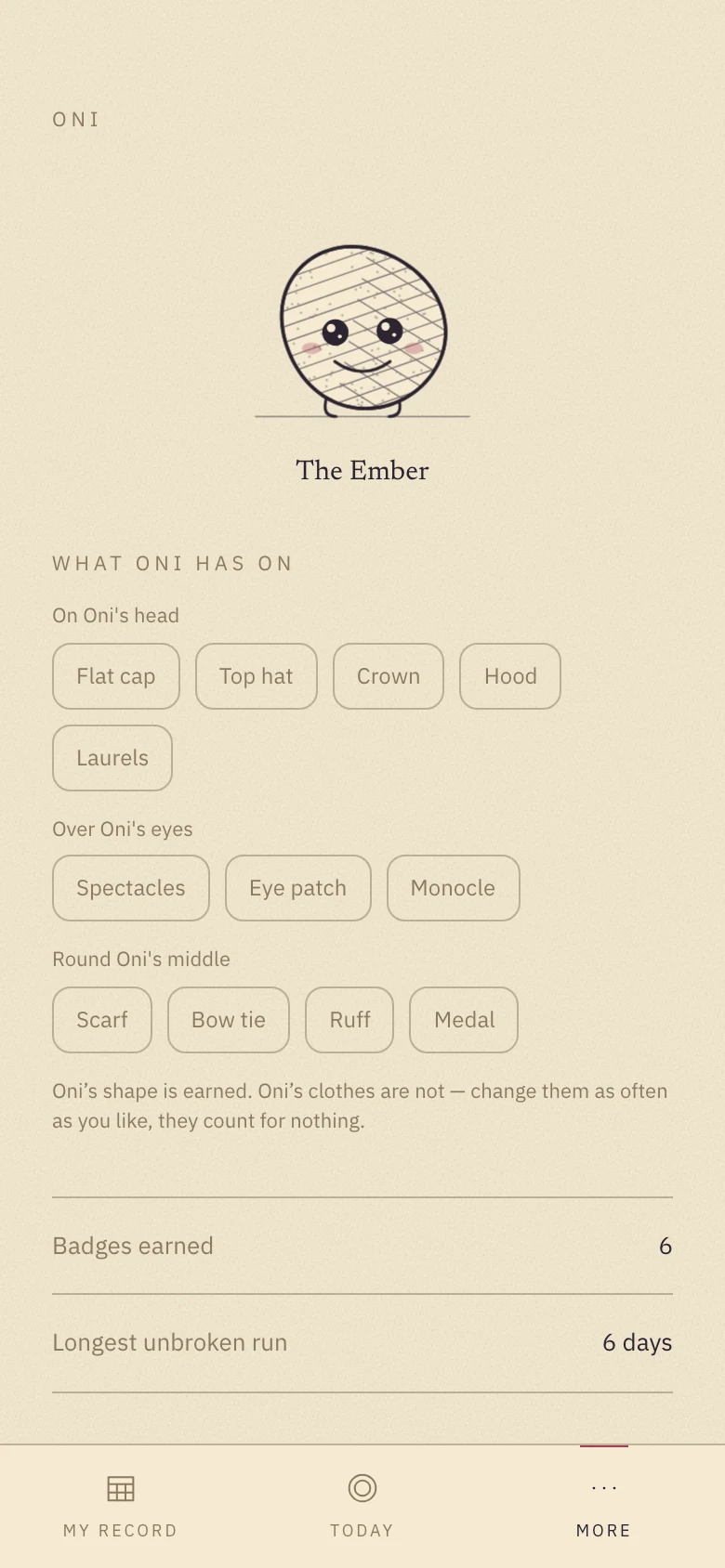 Oni in his first form, The Ember, with the wardrobe of things he can wear.
