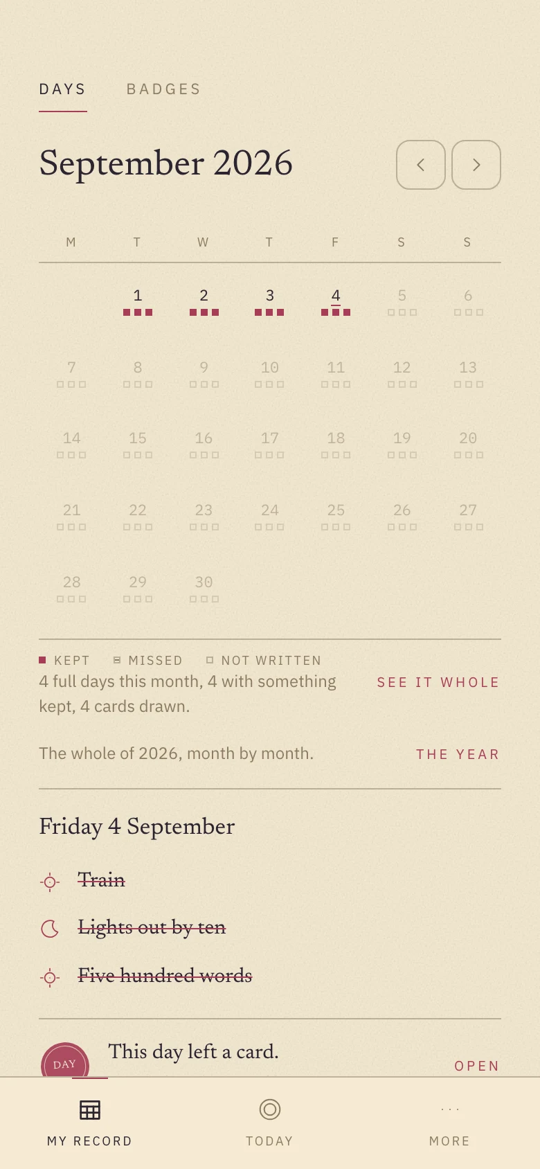 A month of the record: a calendar of marks, with the totals for the month beneath it.